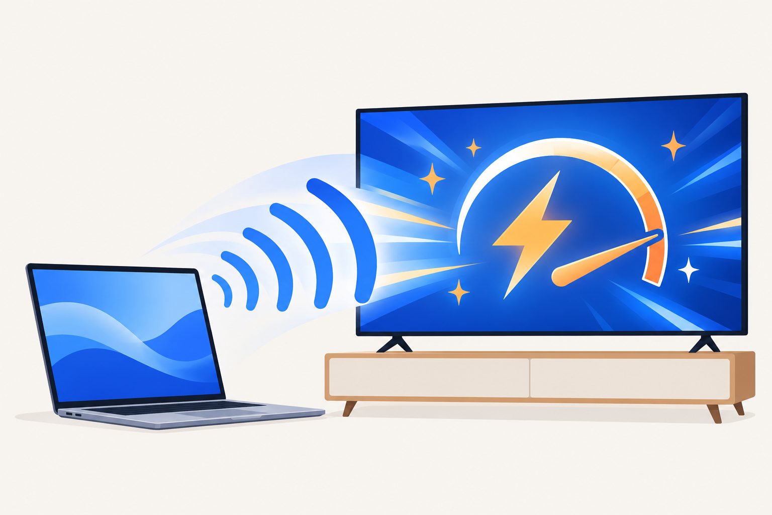 Un computer portatile che velocizza una Android TV via Wi-Fi